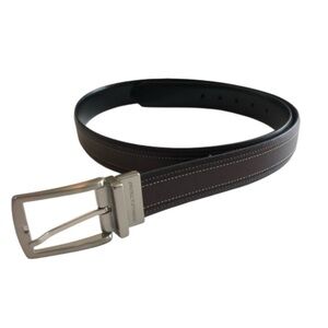 Donald J Trump Size 42 faux leather reversible belt. Black brown silver tone
